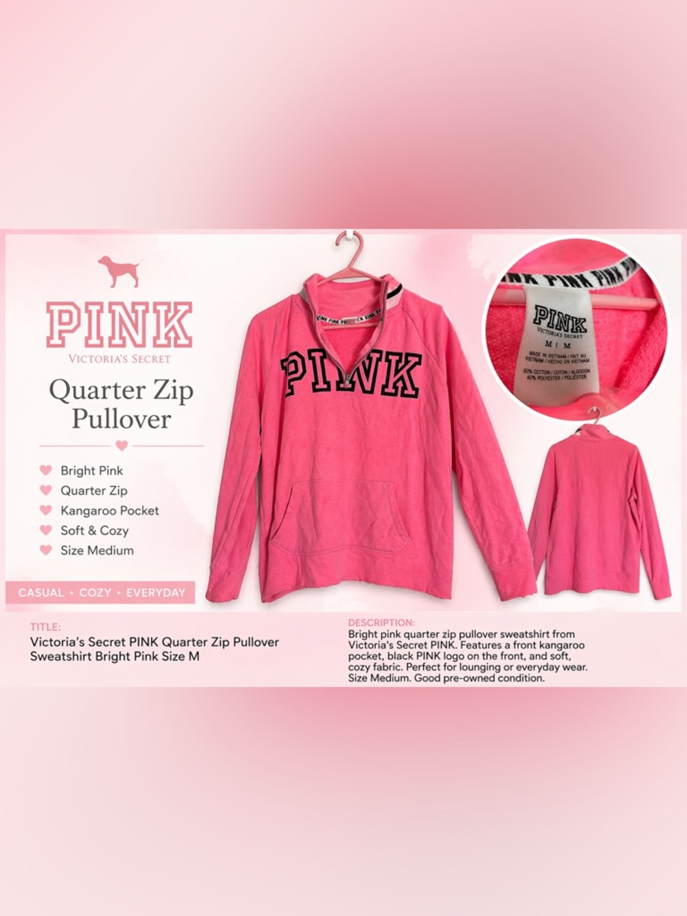 Victoria’s Secret PINK Bright Pink Quarter Zip Pullover Sweatshirt Size M